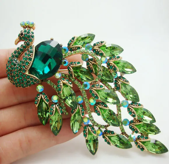 

TTjewelry New Arrival Gorgeous Bird Peacock Green Crystal Rhinestone Art Nouveau Gold-Tone Brooch Pin