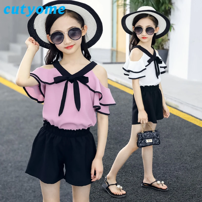 

Cutyome Big Girls Clothes Suits 2018 Summer Kids Fashion Cuhk Dew Shoulder Chiffon T Shirt+Short Pants Teenage Children Clothes