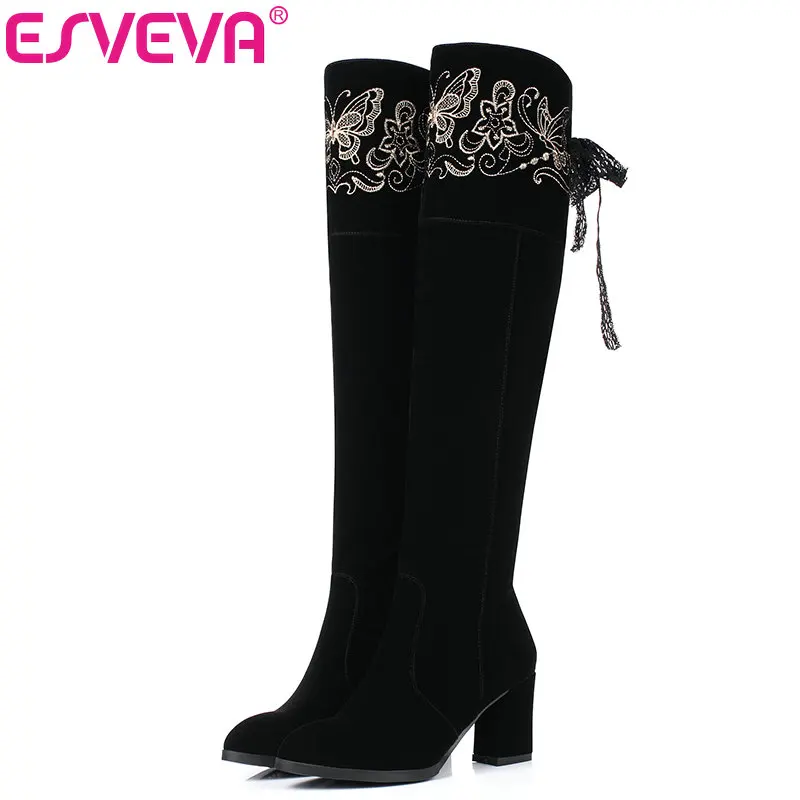 

ESVEVA 2020 Women Fashion Boots Lace Up Over The Knee Boots Warm Winter Boots Square High Heel Ladies FashionBoots Size 34-39