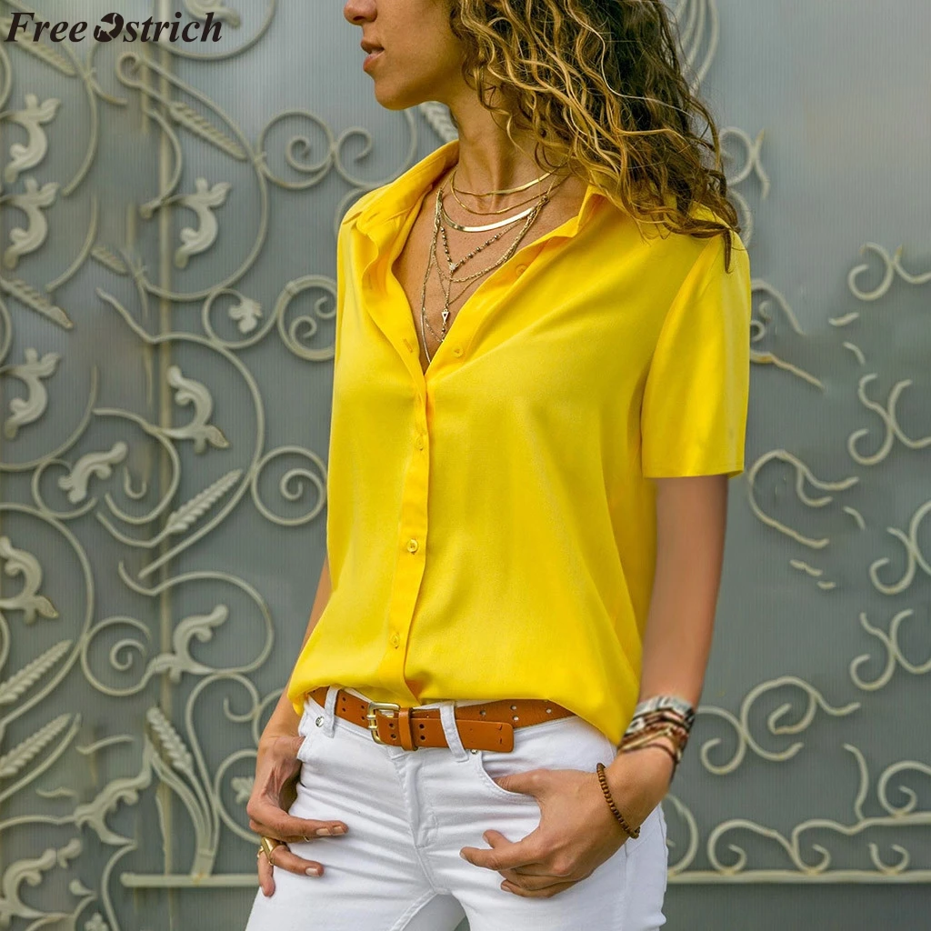 

FREE OSTRICH Women's Chiffon Short sleeve V-neck Blouse Fashion Button Solid color Casual Slim Ladies Shirt plus size tops