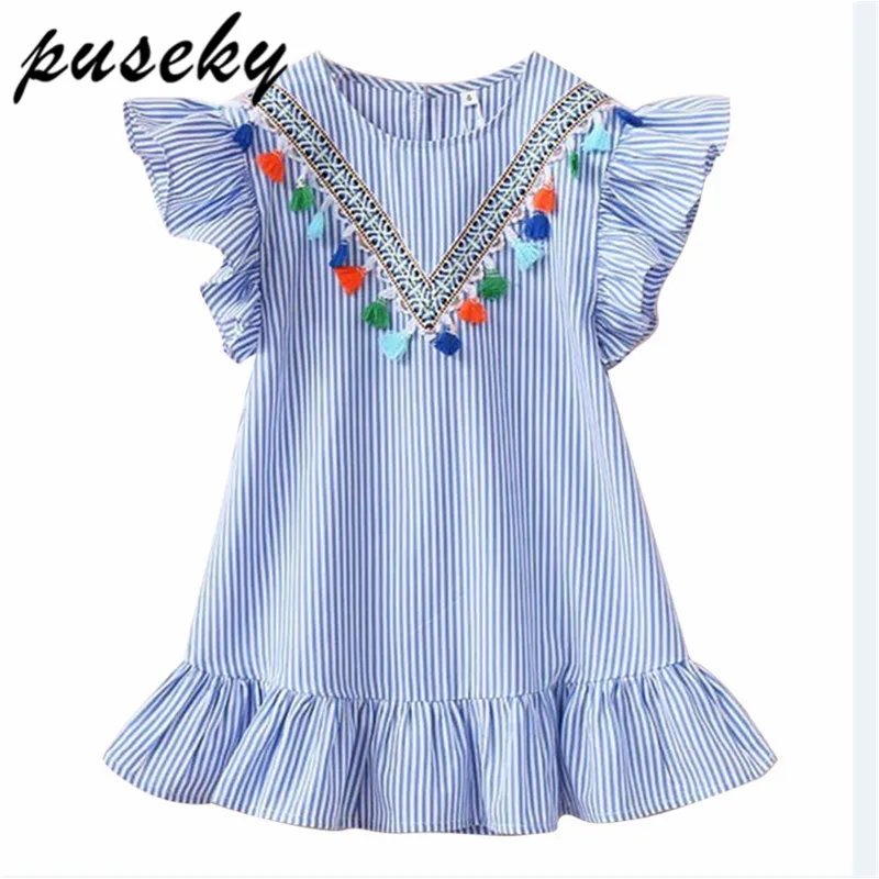 

Summer Girl Fringed Striped Petal Sleeve Dress Flounced Childrens A-line Sundress Baby Kids Princess Party Clothing New 2T-8T