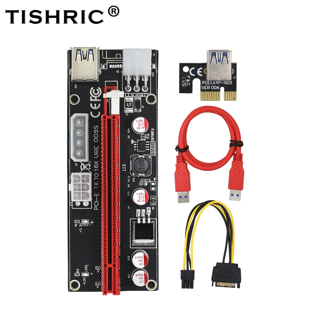 TISHRIC 10 шт. 2018 новейший 1x к 16X PCI Express PCIE E 009S Molex 6pin адаптер питания SATA USB 3 0 кабель Riser