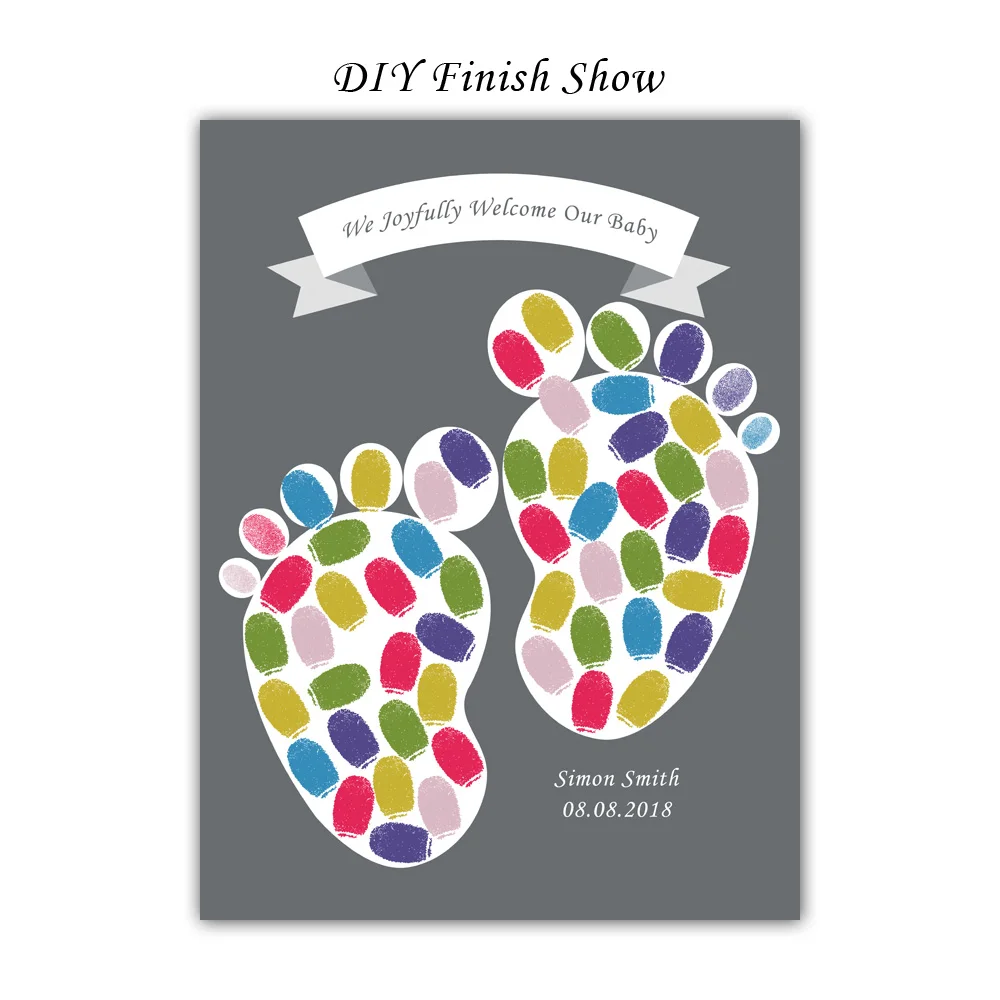 Theme Name Date Cute Footprints Fingerprint DIY Painting Welcome Baby Fingerprint Signature For Baby Shower Baptism Party