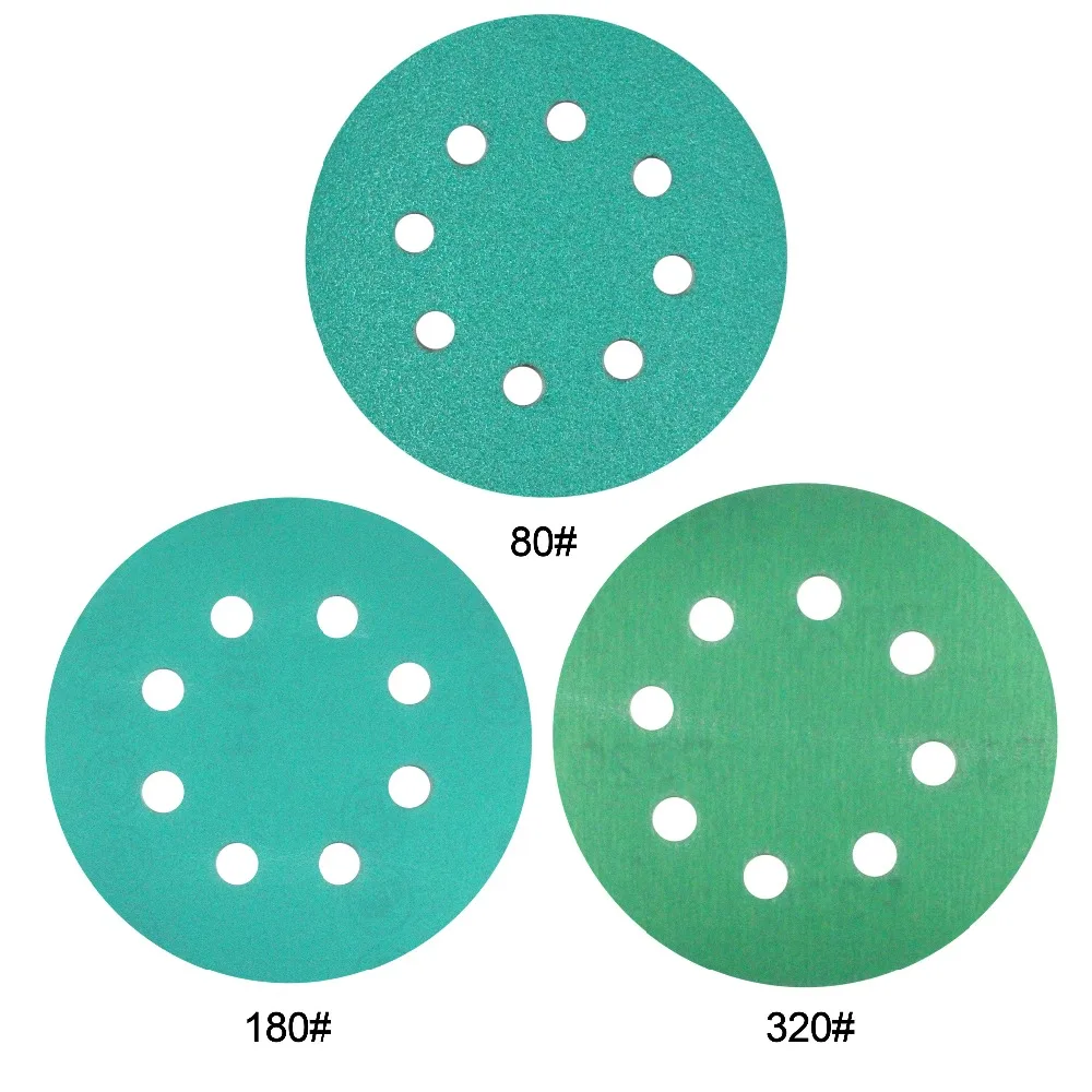 MAXMAN 10 шт. 5 дюймов 125 мм круглая наждачная бумага восемь отверстий 60-2000 гритс зеленая пленка шлифовальный диск Флокирование водный Песок