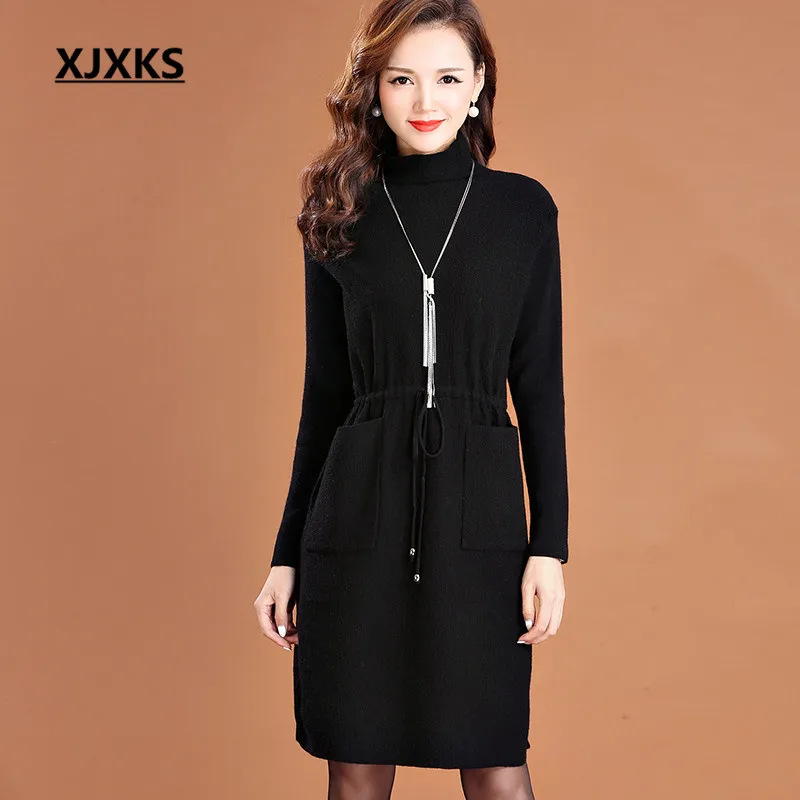 XJXKS осенне-зимнее Новое свободное женское платье большого размера модное высококачественное кашемировое теплое женское платье с высоким воротником - Цвет: Черный
