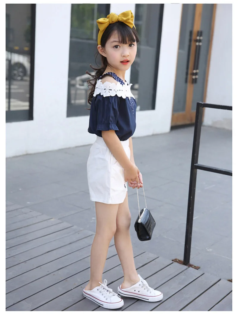 summer girls clothing sets children off-the-shoulder lace shorts pant two-piece girls clothing suit (5)