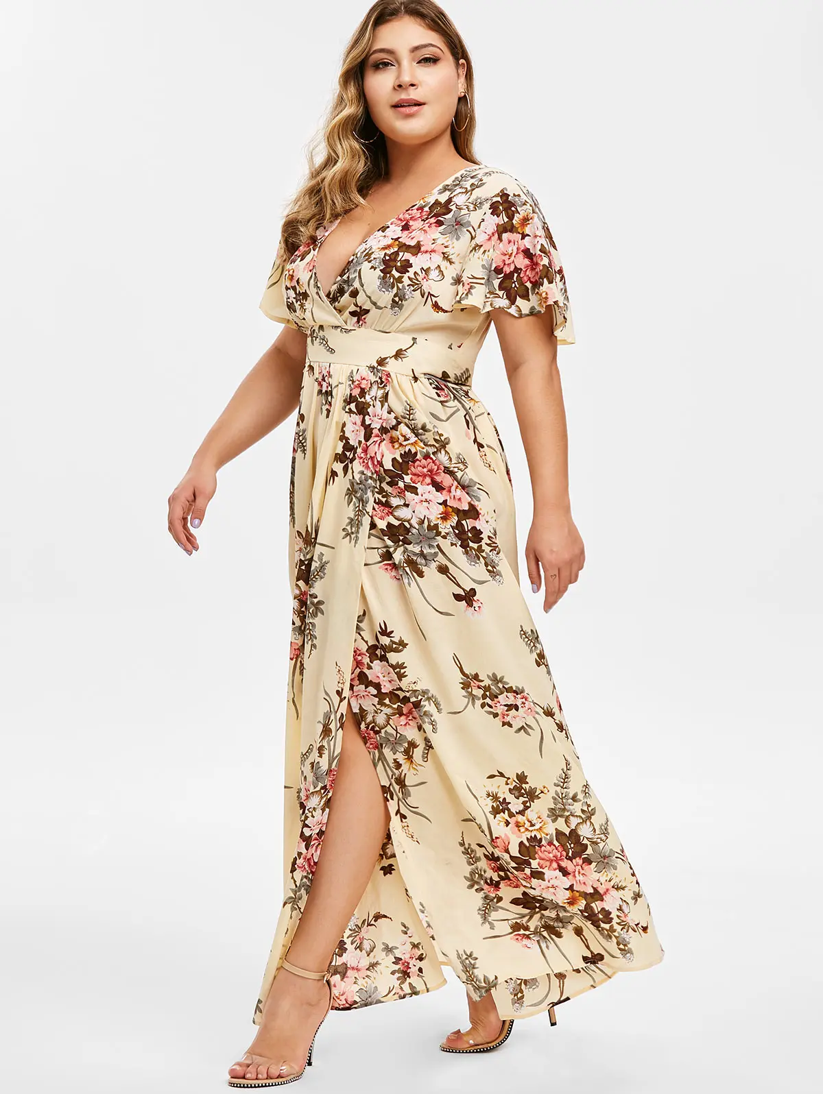 Rosegal размера плюс Погружаясь шеи цветочные Сплит Макси платье с высокой талией v-образным вырезом платье А-силуэта летнее облегающее женское вечернее платье халат