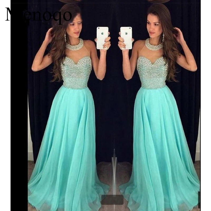 

Real Sample A line High collar Sheer neck Chiffon Floor length abendkleider 2019 long beaded evening dresses