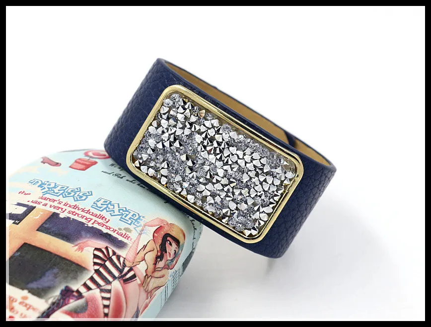 Браслет квадратный Полный Кристалл PU широкий кожаный браслет для женщин личности джокер модные аксессуары