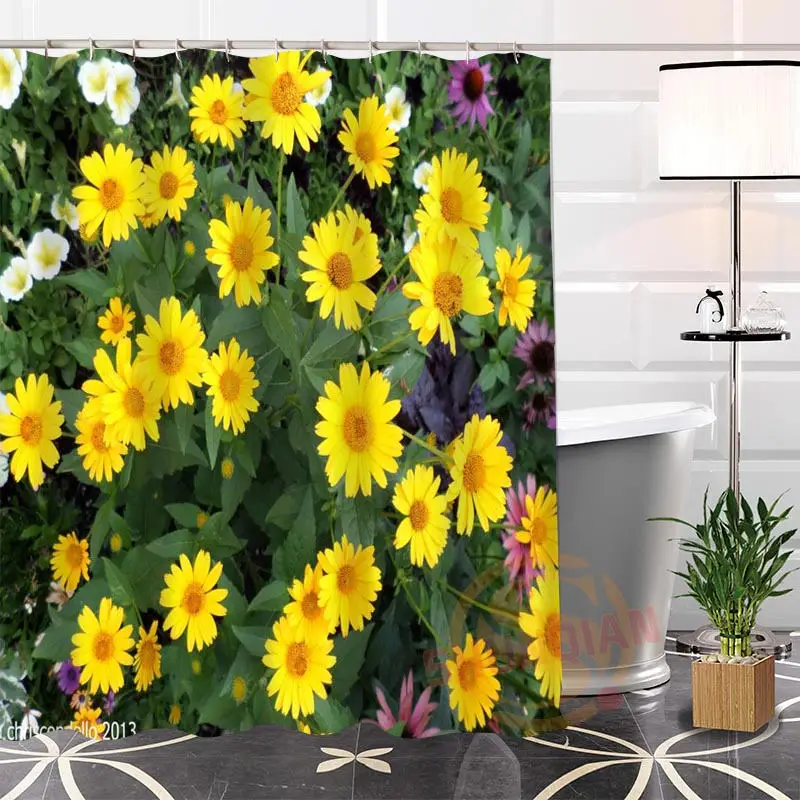 

Hot Custom Small Chrysanthemum Shower Curtain Modern 100% Polyester Fabric Bath Curtain For Bathroom Waterproof With Hook