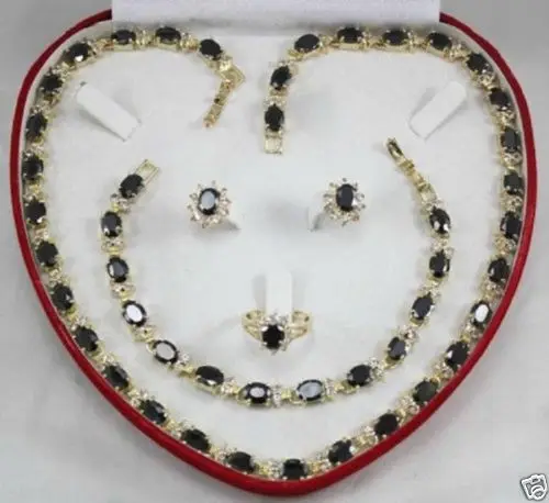 

Hot selling> women's gift true black agate yellow gold Earring Bracelet Necklace Ring+yuiyi8yui -Bride jewelry free shipping