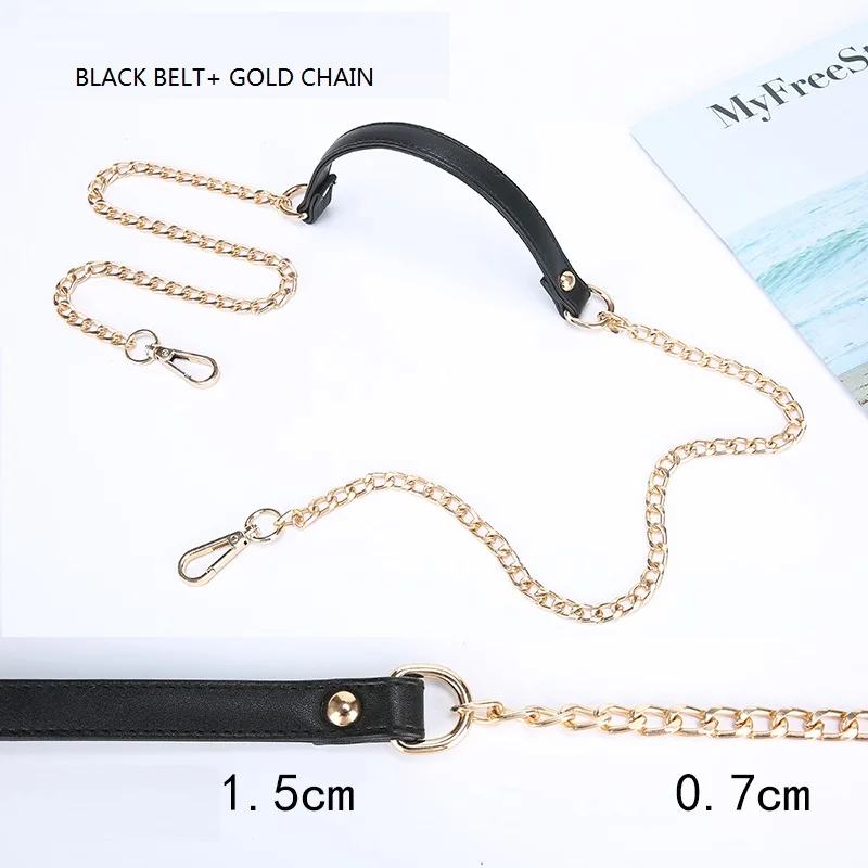 120 см металлическая цепочка наплечный ремень для сумки яркая ПУ кожа сумка сменные ремешки кошелек ручки - Цвет: BLACK WITH GOLD
