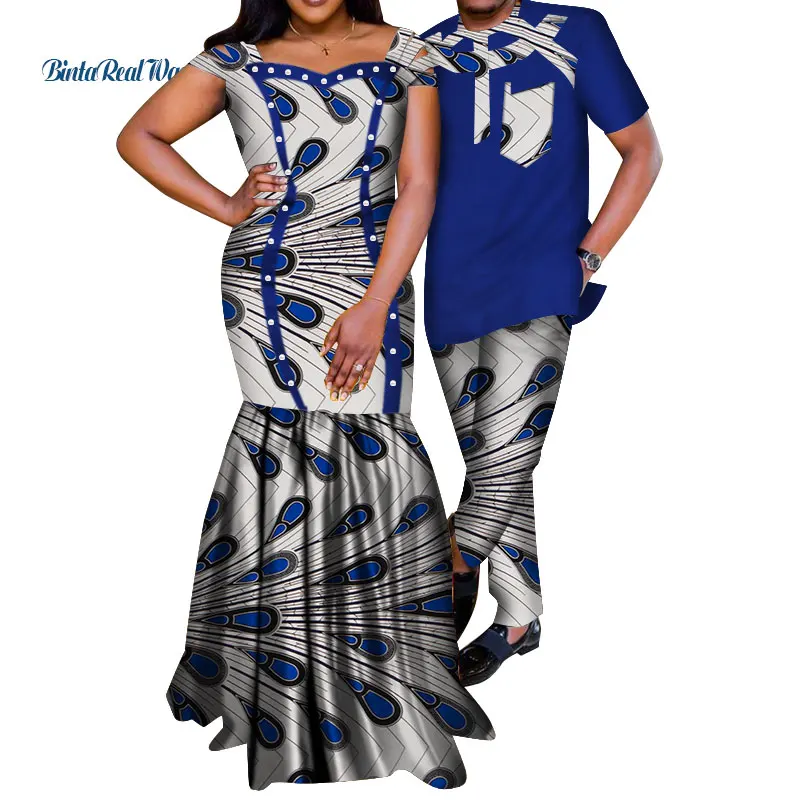 Африканские платья для женщин Bazin Riche мужские комплекты рубашка и брюки для влюбленных пар одежда с принтом длинное платье африканская одежда WYQ210 - Цвет: 4