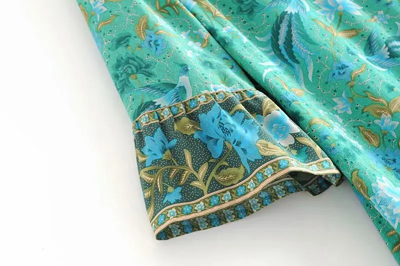 Boho шикарные женские птицы цветочный принт с расклешенным рукавом и бахромой пляжные богемные мини-платья женские свободные v-образным вырезом вискозное платье happie