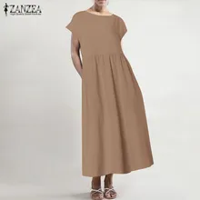 Летнее льняное платье, кафтан, женский сарафан, ZANZEA, повседневное, короткий рукав, Vestidos, тонкое, винтажное, женское, плиссированное платье, негабаритный