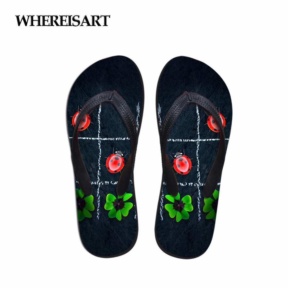 

WHEREISART Flip Flops Women Summer Ladybug Printed Flats Flipflops for Women 3D Leaf Beach Sandals Woman Ladies Water Shoes