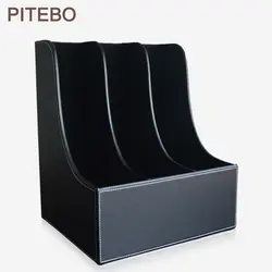 PITEBO scroll-edge 3-slot офисный Настольный ящик для файлов Органайзер чехол для документов подставка из дерева структура pu кожа черный