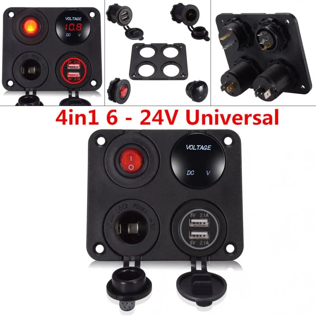 

4 in 1 ABS Universal 6 - 24 V Red LED Dual USB Port Car Charger + Voltmeter + 12V Power Socket + On-Off Switch