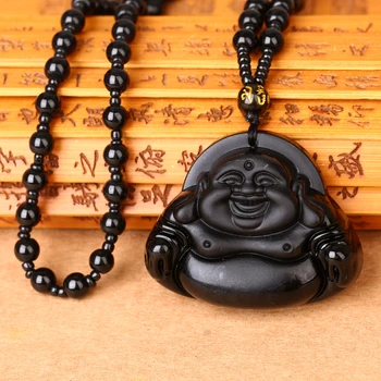 

High Quality Unique Black Obsidian pendant necklace obsidian star Reiki pendant Lucky Love Crystal Jewelry Carved Buddha Lucky