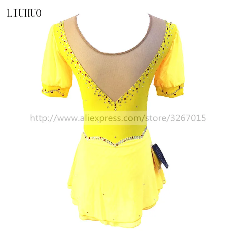 Figure Skating Dress Women's Girls' Ice Skating Dress Yellow Spandex Rhinestone Performance Skating Wear Solid Short SleevesIce Figure Skating Dress Women's Girls' Ice Skating Dress Yellow Spandex Rhinestone Performance Skating Wear Solid Short SleevesIce