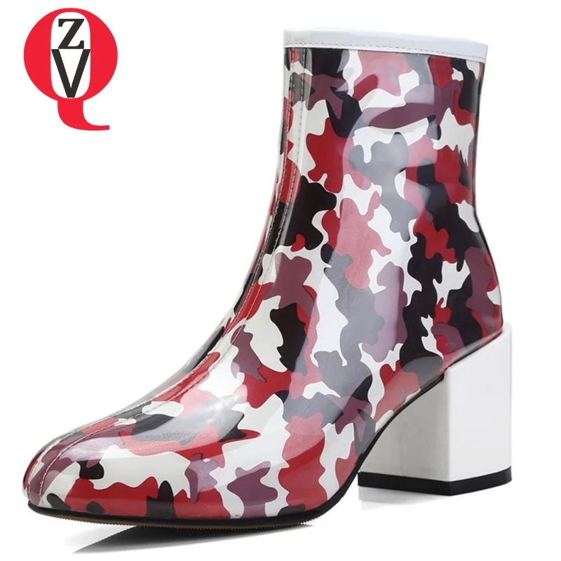 

ZVQ shoes women 2018 newest fashion three colors mixed colors genuine leather and tpu round toe zipper outside sexy ankle boots