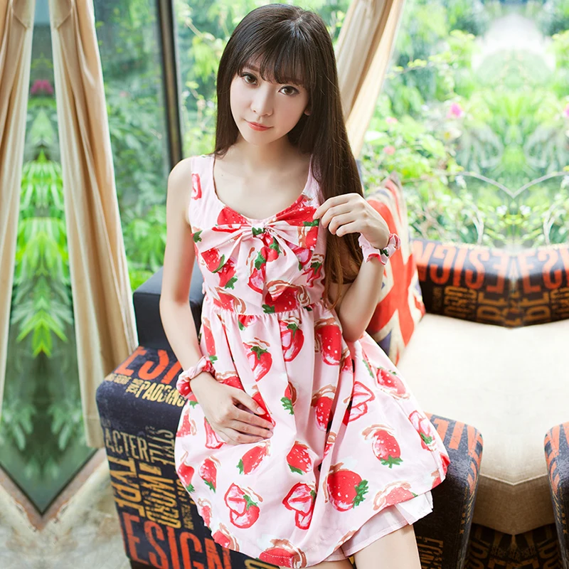 2017 Cute Summer Japanese Strawberry Print Bow Tie Lolita Dress Women 2