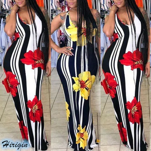 

Summer Dresses HOT Plus Size Women Summer Casual Sleeveless V-neck Backless Skinny Striped Print Dress