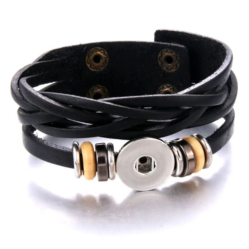 Высококачественный плетеный браслет из натуральной кожи ручной работы, винтажный браслет 18 мм с защелками, подходит для 18 мм, ювелирные изделия с кнопками для женщин и мужчин - Окраска металла: A-Black