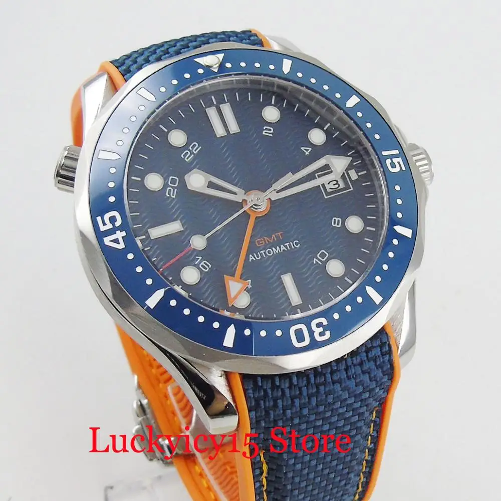 

2019 New Mechanical Men's Watch 41mm Blue Wave Dial Date Indicator Ceramic Bezel Sapphire Crystal Blue Rubber Strap