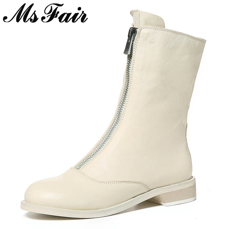 

MSFAIR Women Boots Genuine Leather Low Heel Ankle Boots For Woman Elegant Square Heel Round Toe Boots Metal Buckle Boot For Girl