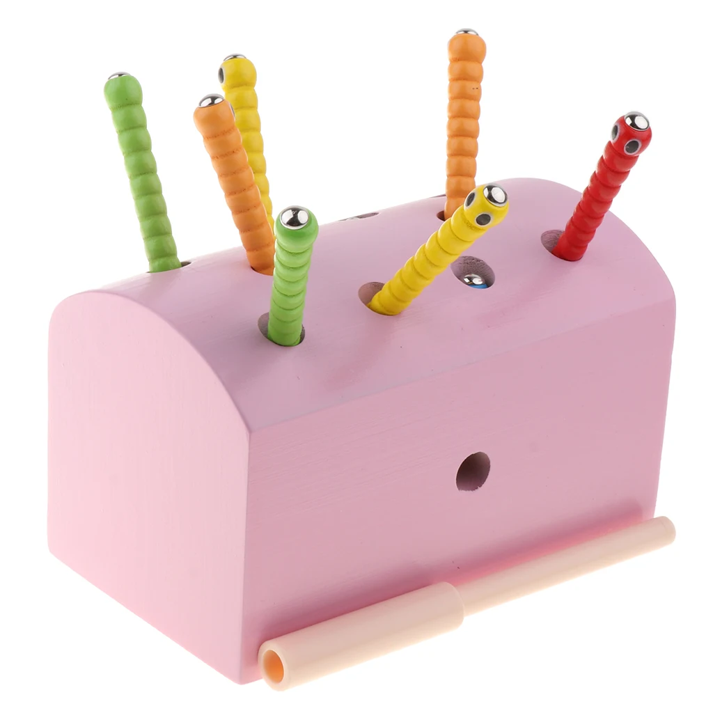 Wooden Catch Worms Pretend Magnetic Fishing Insects Game Toys Kids Baby Developmental Toy Pink