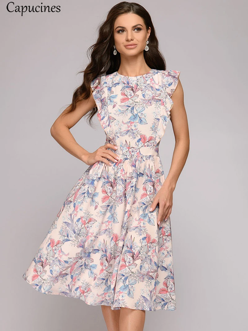 Capucines Summer Boho Floral Print Ruffle Trim A-Line Dress Women Cap Sleeve O-Neck Casual Dress Ladies Office Work Wear