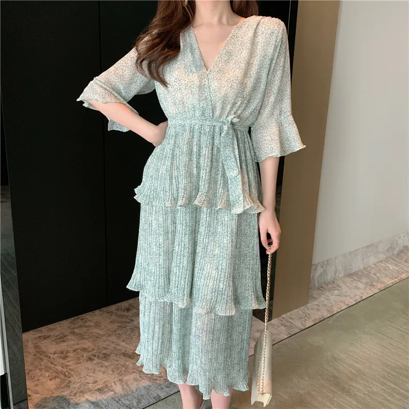 

Summer Dress Janpan Style Women Flower Print Three Layer Ruffled Dresses V Neck High Waist Holiday Tea Dress Loose Casual Dress