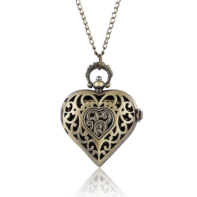 Bronze Copper Steampunk Hollow Quartz Heart-shaped Pocket Watch Necklace Pendant Bronze Copper Steampunk Hollow Quartz Heart-shaped Pocket Watch Necklace Pendant