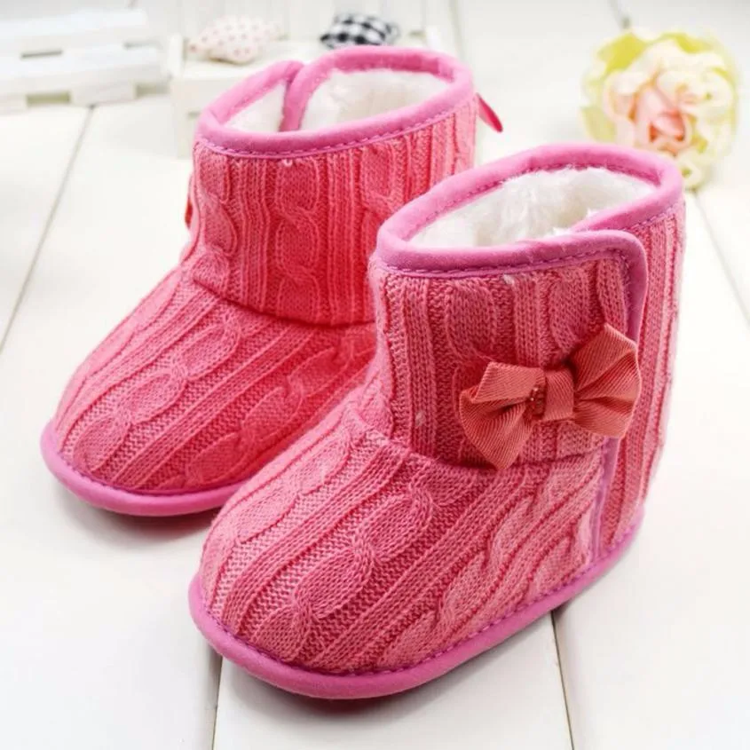 Теплая зимняя обувь с бантиком и мягкой подошвой для маленьких девочек; вязаная обувь на липучке для маленьких девочек; модные повседневные ботинки