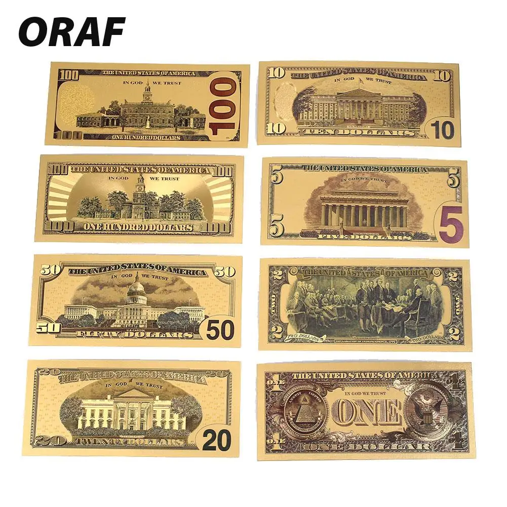 

8PCS 1/2/5/10/50/100//20 Bills Fake Dollar US Gold Bank 100 Banknotes Bills Bank Note in 24K Gold Plated Fake Currency Money