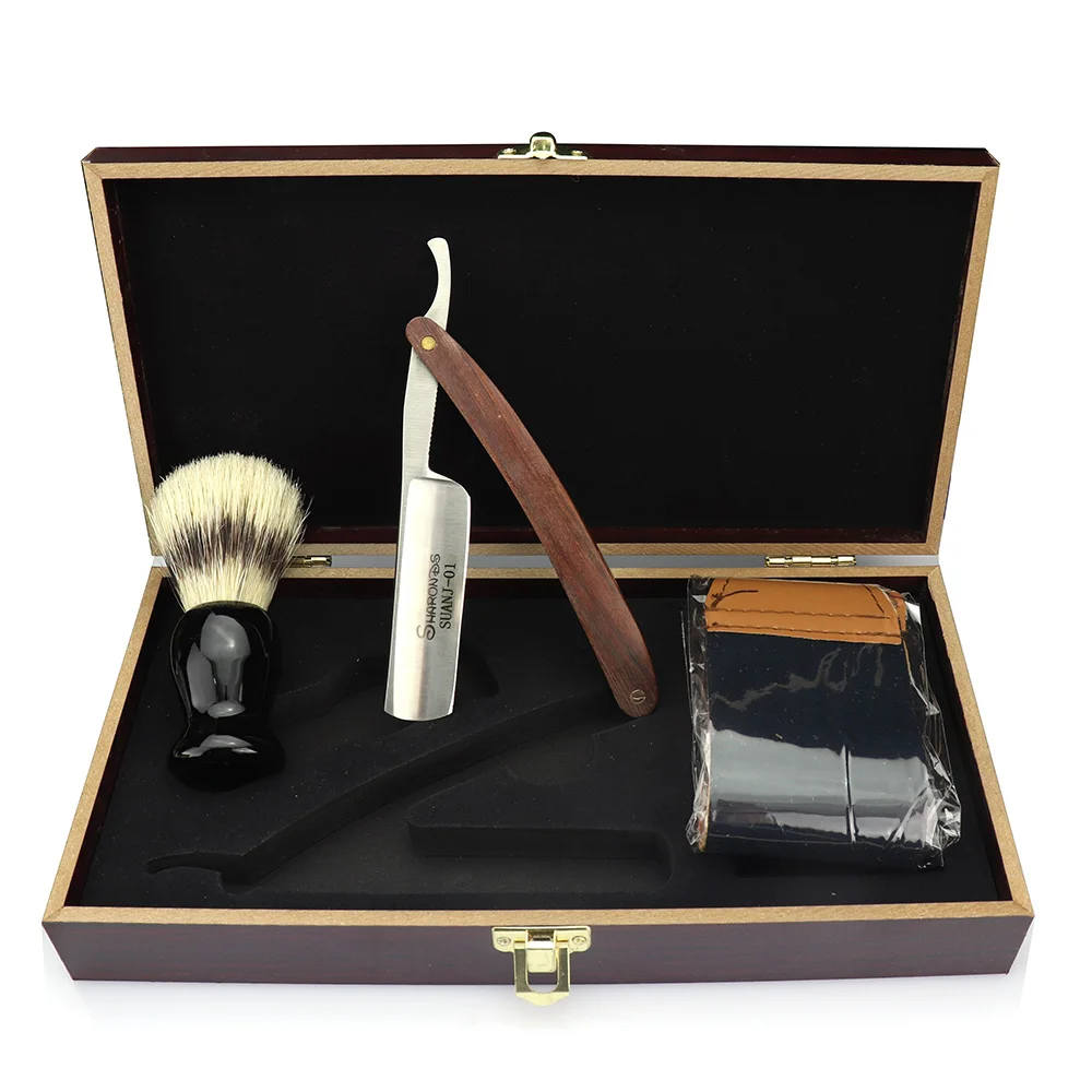 

Japan 440c Barbershop Professional Face Razor for Women Kit Straight Razor Brush Shaving Brush fold kinfe Wooden Box Best Gift