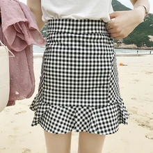 ELEXS/Новая летняя Клетчатая короткая юбка трапециевидной формы с оборками, приталенная короткая юбка-рыбий хвост для студентов