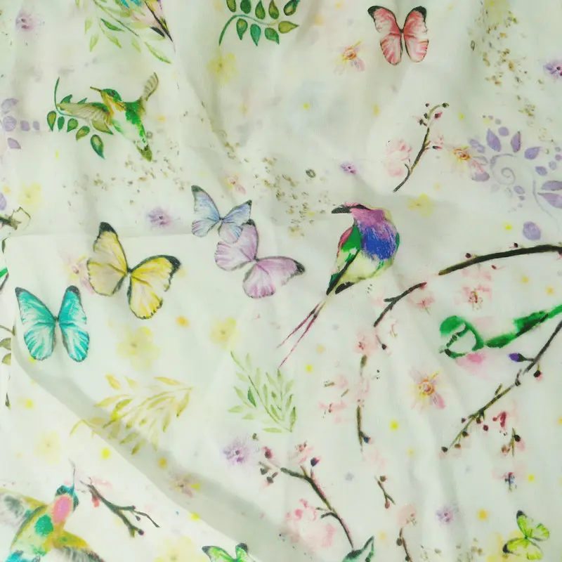

Silk crepe de chine bird and butterfly print 112cm 14 momme DIY sewing apparel clothing fabric sell by meter