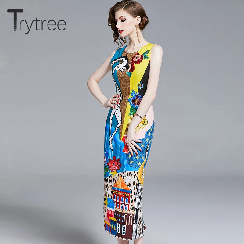 Trytree 2019 летнее уличное разноцветное платье с принтом женские платья круглым
