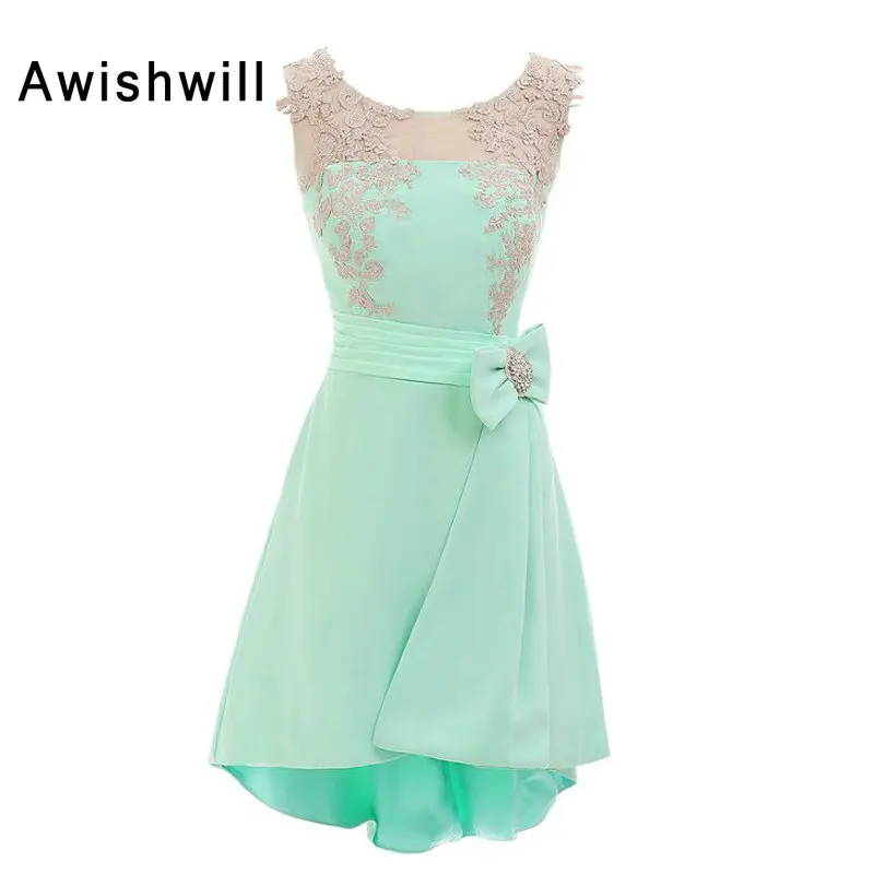 Light Green Party Dress Scoop Neckline Appliques Bow Chiffon Short