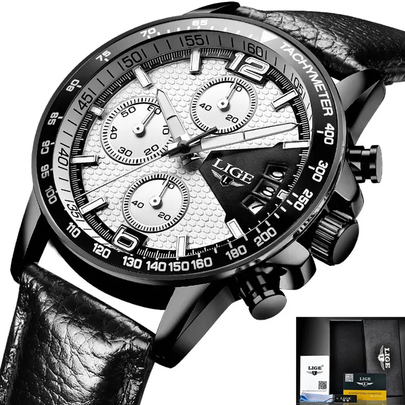 LIGE бренд LIGE новые мужские часы кварцевые часы для мужчин хронограф водонепроницаемый 30 м спортивные стальные часы Relogio Masculino+ коробка - Цвет: black white leather