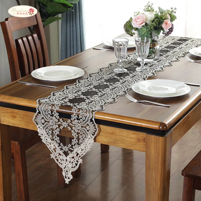 

Proud Rose Black Lace Table Runner Bedside Table Cover Towel Table Flag Embroidered Table Runners Wedding Decoration