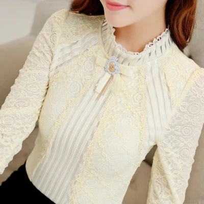 S-4xl, весенне-осенние кружевные блузки с брошью для женщин, большие размеры, винтажные корейские элегантные офисные тонкие пуловеры с длинным рукавом