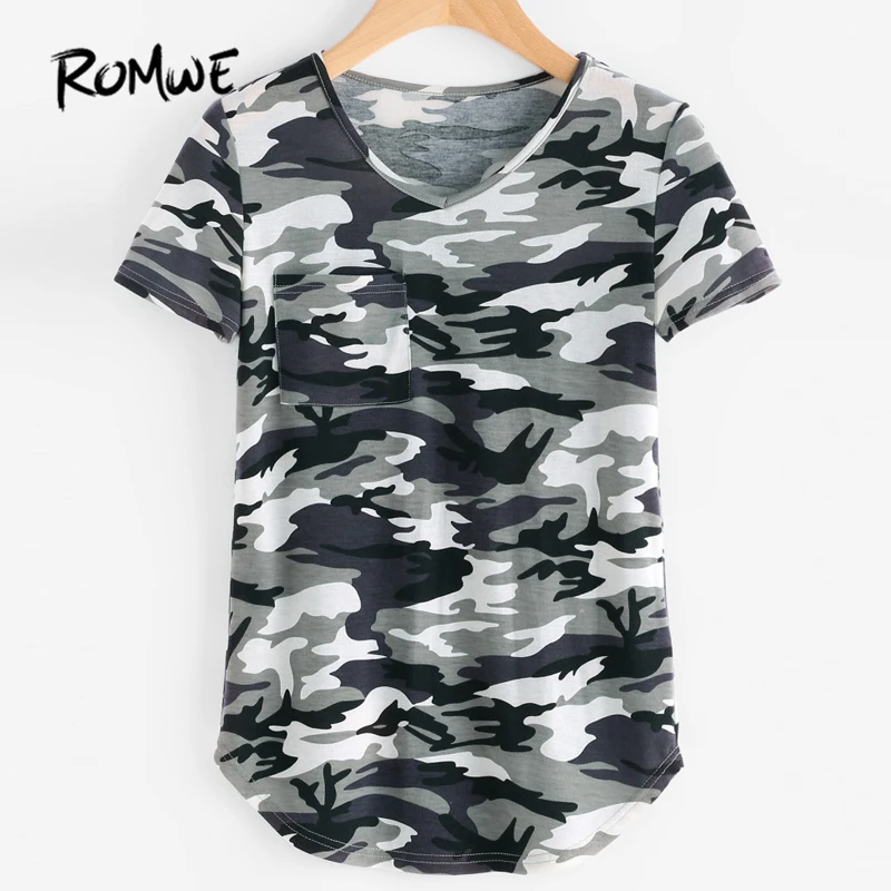 

ROMWE Pocket Front Curved Hem Camo Print Summer Tops Women Clothes for 2019 V Neck Short Sleeve Regular Fit T-shirt