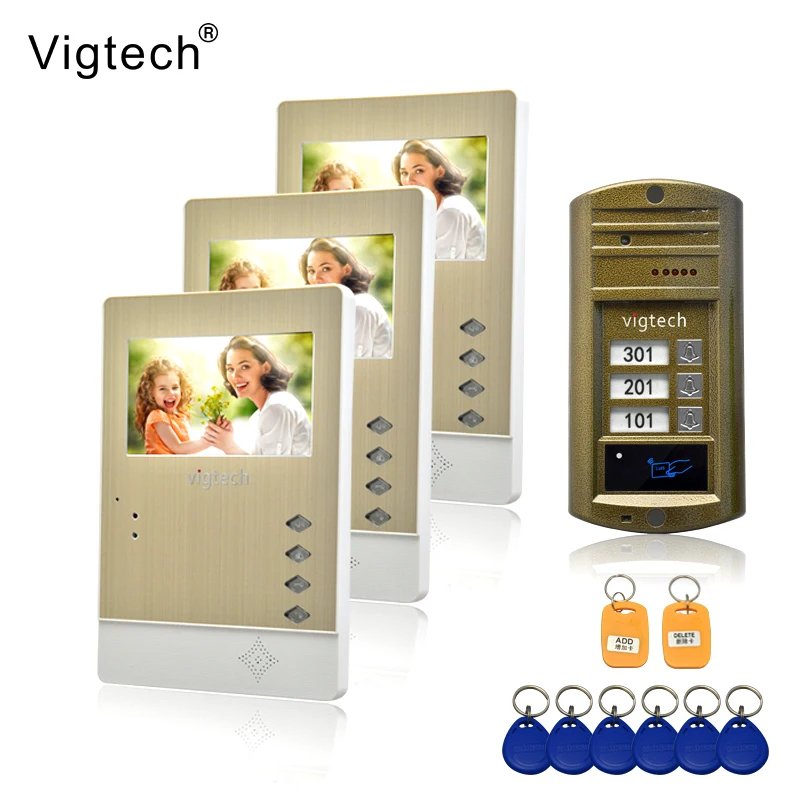 Best Vigtech 4.3 #039; #039; color video door phone 3 monitors with 1 intercom doorbell can control 3 houses for multi apartment RFID Camera