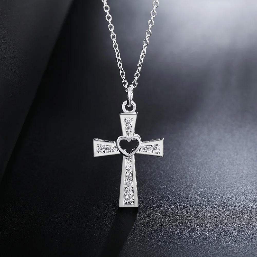 

silver for women Heart Cross crystal CZ Zircon necklace jewelry silver jewelry fashion cute wedding Valentine's Day gift