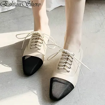 

EshtonShero Women's Shoes Woman Pumps Platform Leather+PU Low Heels Pointed Toe Lace Up White Party Ladies Wedding Shoes Size3-9
