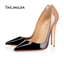 2016 Sexy Women Black And Nude Gradient Patent Leather Pointy Evening Dress Pumps High Heels Ladies Party Shoes Free Shipping