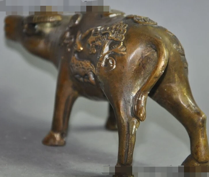 

S0122 6"china fengshui bronze Deer bat Ox Bull Cattle Bovine wealth money coin statue